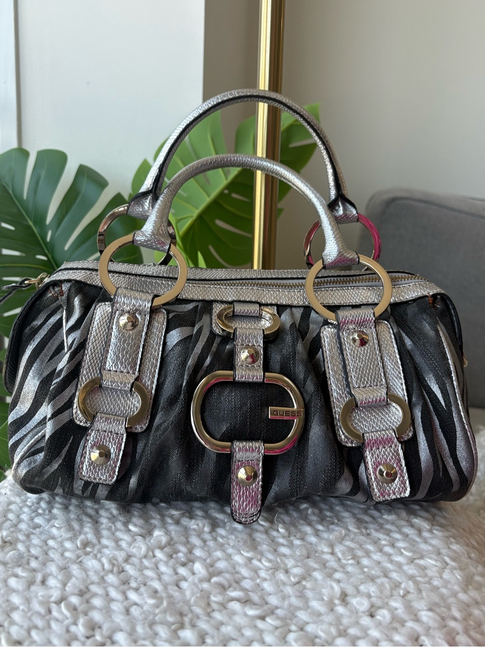 Vintage Y2K Guess Zebra Print Satchel Bag Metallic Silver Rare Shoulder Purse